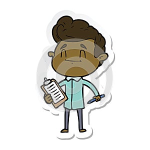 sticker of a happy cartoon man with pen and clipboard