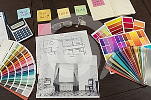 Sticker with home apartaments plan and color catalog for house renovation. Design decoration your dream