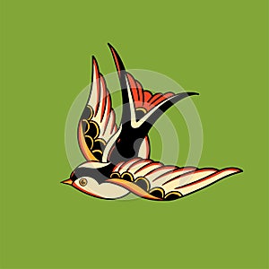 Sticker illustration of a swallow flying in traditional tattoo