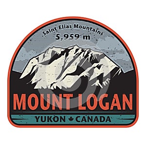 Sticker or label with Mount Logan mountain peak, in Yukon, Canada