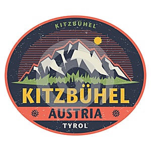 Sticker or label with mountains and text Kitzbuhel, Austria