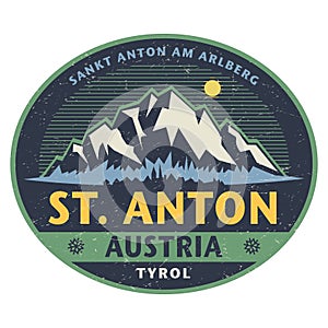 Sticker or label with mountains and text Sankt Anton am Arlberg, Austria