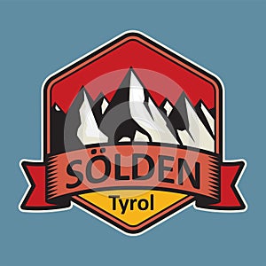 Sticker or label with mountains and text Solden, Austria