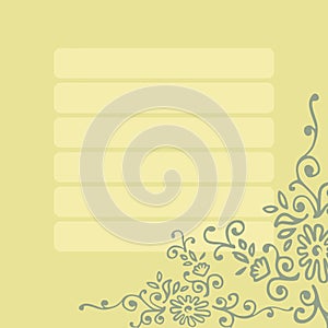 Sticker labels and text with floral ornament in the corner. Light green gamma.