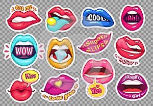 Sticker lips. Provocative girl mouths cartoon sensual stickers. Girls fashion patches. Provocation woman mouth