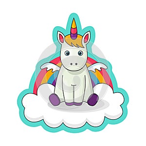 Sticker with a little baby unicorn with wings, cloud, rainbow. Cute decoration item. Vector comics of the 80s, of the
