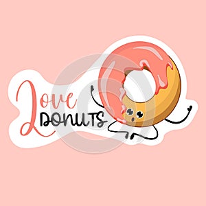 Sticker love donuts. donut with pink icing sticker. Bakery logo. Vector illustration of bakery and confectionery