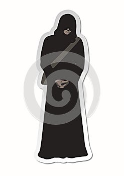 Sticker of man wanderer in the brown poor monk robe with arms crossed, face hidden under a hood and a shoulder bag on white backgr
