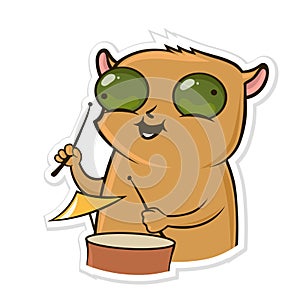 Sticker for messenger with funny animal. Hamster play the drums. Vector illustration isolated on white background.