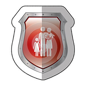 sticker metallic shield with pictogram of family with baby in arms