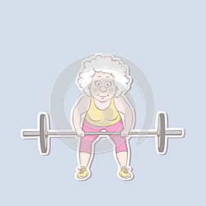 Sticker old woman lifting weights, doing sit ups with barbell. Female weightlifter vector illustration cartoon character