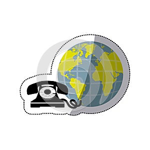 sticker opaque earth world with silhouette antique phone