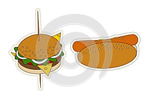 A sticker pack of 2 popular fast food elements in trendy color combinations of Hamburger and Hot Dog