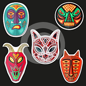 Sticker pack - african masks: goat, demon, cat face, devil, men. Colorful illustration.