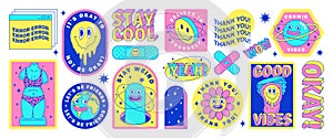 Sticker pack of funny cartoon characters, greek statues, emoji, Earth, planet and elements in psychedelic weird style.