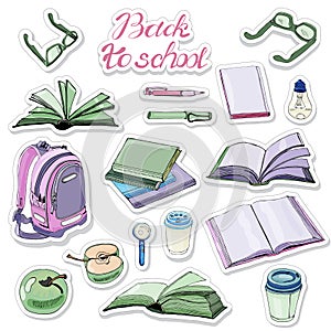 Sticker pack of  hand drawn ink and colored  sketch with books and school items . Color elements isolated on white background