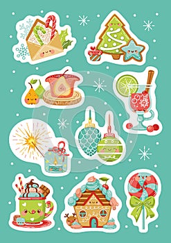 Sticker pack with kawaii christmas elements, set of cute vector illustration