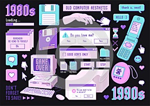 Sticker pack of retro pc elements. Old computer aestethic 1980s -1990s. photo