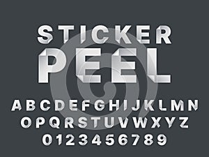 Sticker peel font. Realistic sticky peel off english alphabet, curl white paper graphic elements, trendy latin letters