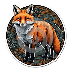 A sticker with a picture of a fox on it, fox anima on a white background.