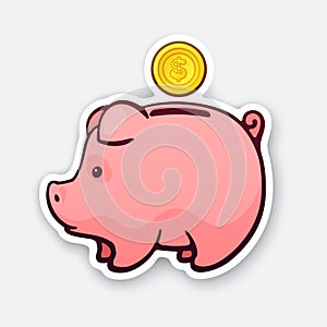 Sticker of piggy bank for cash money with gold dollar coin in side view