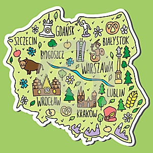 Sticker of Poland. Colored hand drawn doodle Poland map photo