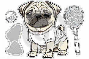 Sticker with a pug playing tennison a white background. AI Generated