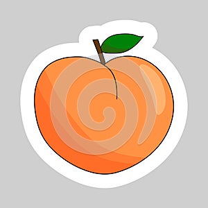 Sticker with ripe peach fruit with leaf, cartoon style summer fruit vector