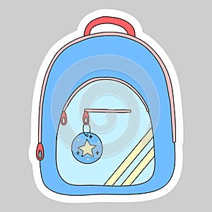Sticker with school backpack, doodle style vector