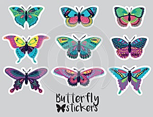 Sticker set of butterflies decorative silhouettes in cartoon style