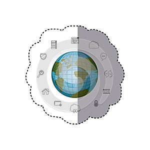 Sticker set collection office tecnology with earth map world