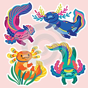 Sticker set of cute cartoon axolotls, amphibian creatures