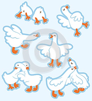 Sticker set of cute geese are hugging and walking