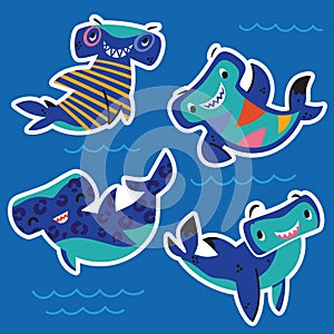 Sticker set with cute hammerhead sharks in cartoon style. Vector illustration