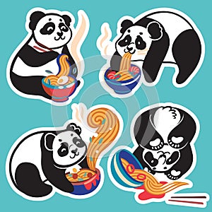 Sticker set of cute pandas eating ramen noodles