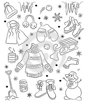 Sticker set with cute snowmen, hat, scarf and other winter objects. Christmas and New Year design. Flat cartoon style