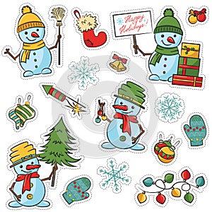 Sticker set with cute snowmen, trees, gift boxes and xmas object