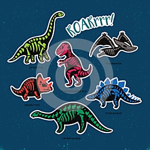 Sticker set of dinosaur skeletons in cartoon style