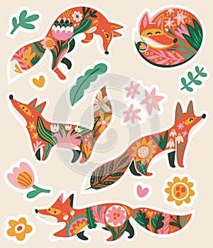 Sticker set of five sweet red foxes and flowers in folk style