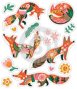 Sticker set of five sweet red foxes and flowers in folk style. Vector illustration