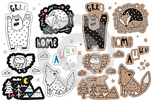 Sticker set with forest animals and design elements. Vector illustration