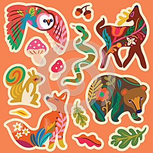 Sticker set, Forest animals in folk style