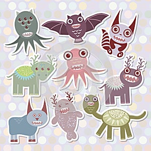 Sticker set Funny monsters collection on Polka dot background. Vector