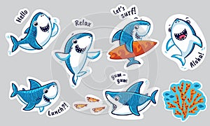 Sticker set with funny sharks in cartoon style. Vector illustration