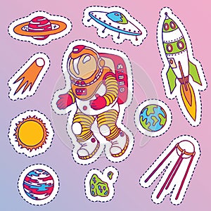 Sticker set of galaxy cosmic elements astronaut, earth, satellite, comet, planet, sun, rocket and meteorite univerce