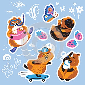 Sticker set with Guinea pigs cute cartoon characters on summer vacation. Vector illustration