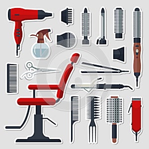 Sticker set of hairdresser objects in flat style on gray background. Hair salon equipment and tools, hairdryer, comb