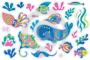 Sticker set of hand drawn sea animals in decorative ethnic style