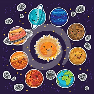 Sticker set of solar system with cartoon planets