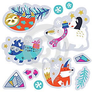 Sticker set of vector Christmas stickers with cute animals and decorative elements